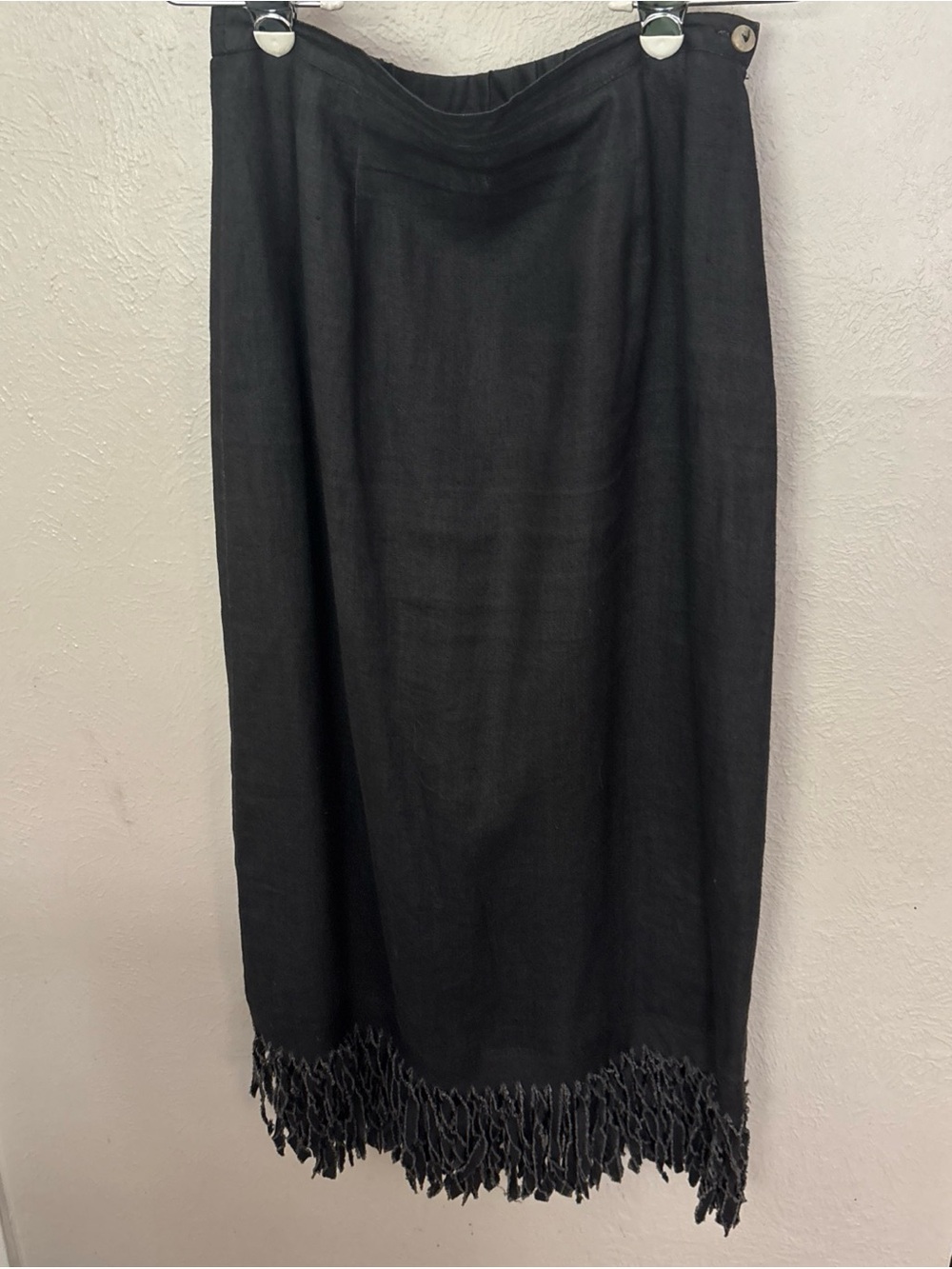 Black Fringe Hem Maxi 100% Linen Skirt - Women Whimsigoth